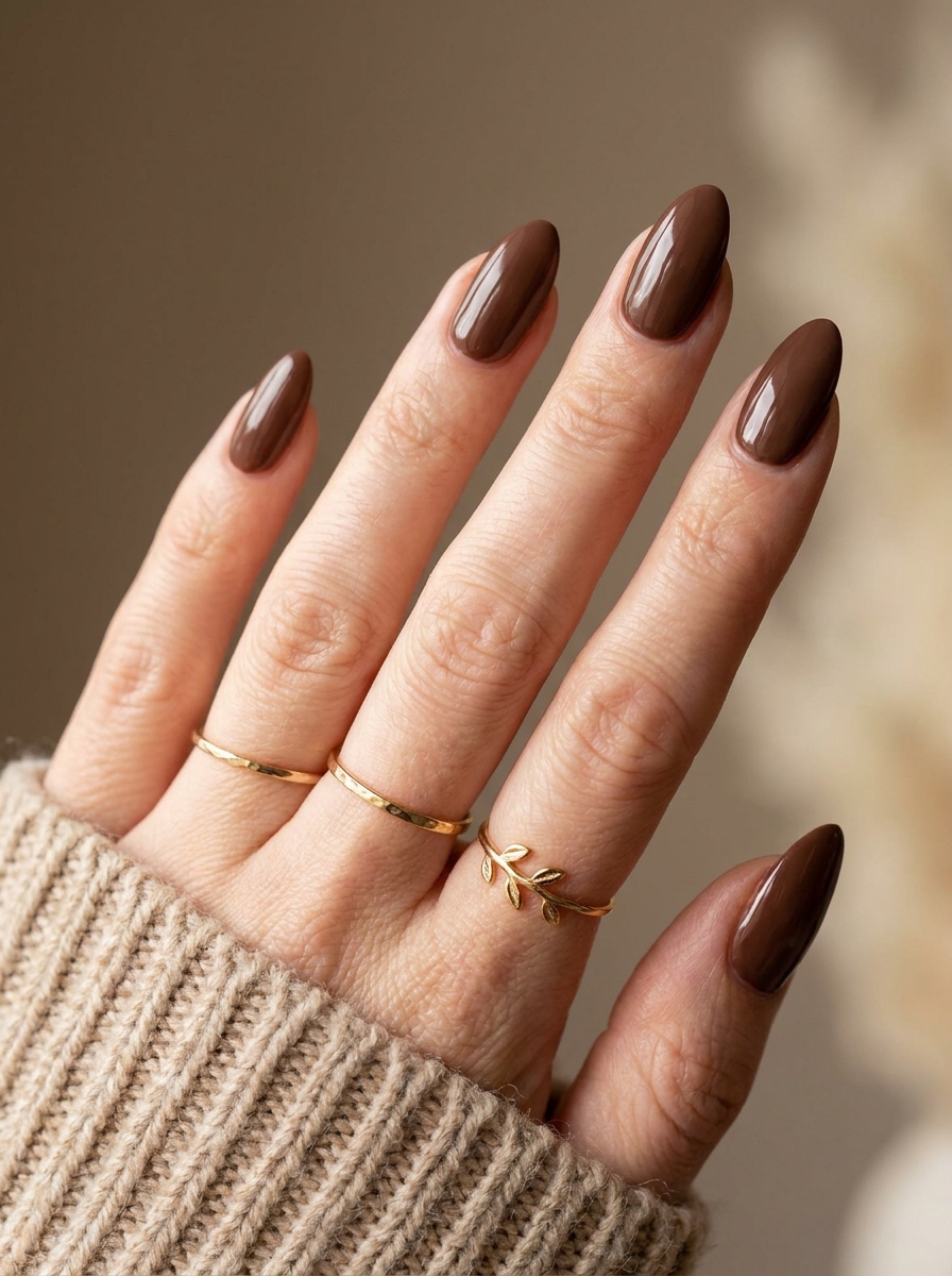 Chocolate Brown Gloss Almond Nails als Almond Fall Nails Inspiration 2026